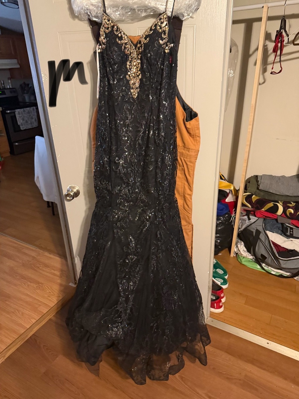 Black Sequin Embellished Prom Gown with Gold Accents